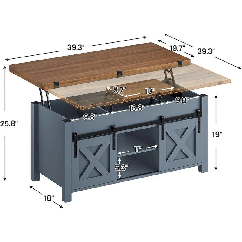 Table basse relevable avec portes coulissantes et rangement dissimulé – Style campagnard convertible