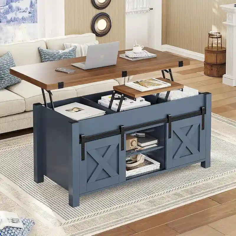 Table basse relevable avec portes coulissantes et rangement dissimulé – Style campagnard convertible