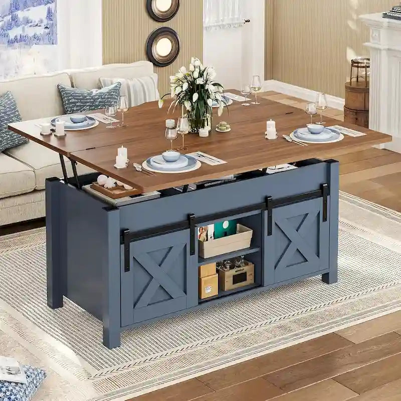 Table basse relevable avec portes coulissantes et rangement dissimulé – Style campagnard convertible