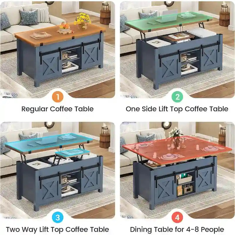 Table basse relevable avec portes coulissantes et rangement dissimulé – Style campagnard convertible