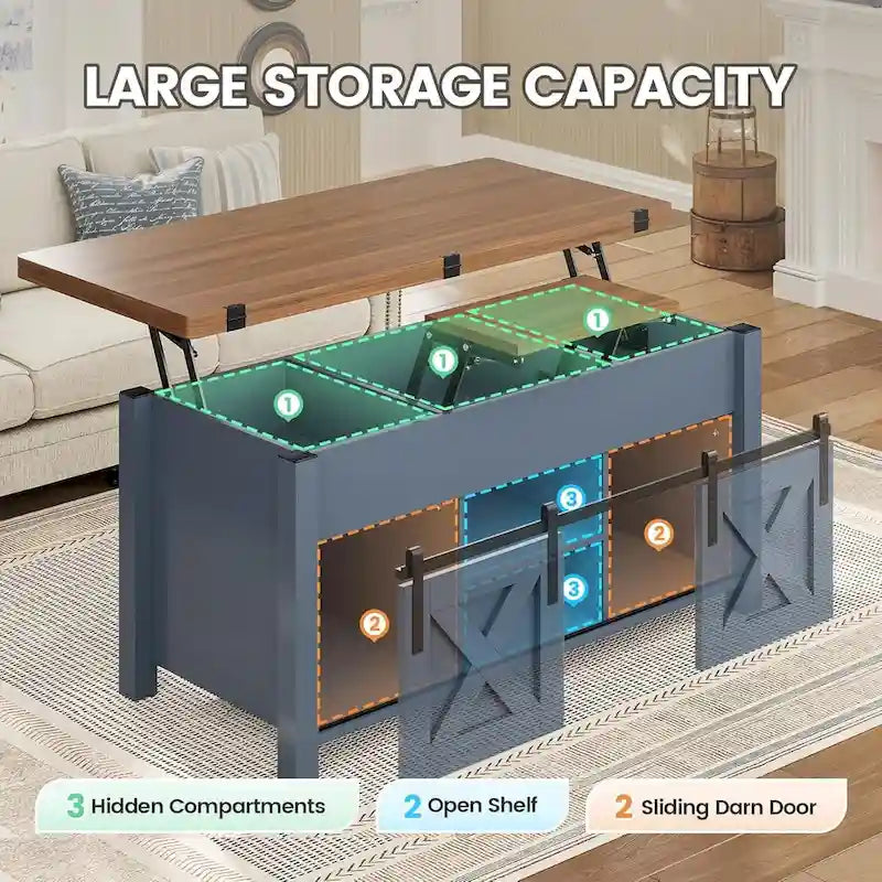 Table basse relevable avec portes coulissantes et rangement dissimulé – Style campagnard convertible