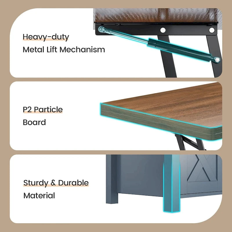 Table basse relevable avec portes coulissantes et rangement dissimulé – Style campagnard convertible