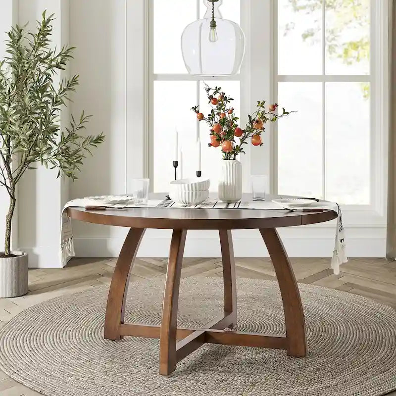 Table à manger ronde 54" style Mid-Century Modern — Plateau en placage de bois et piètement en bois d'hévéa à entretoise en croix