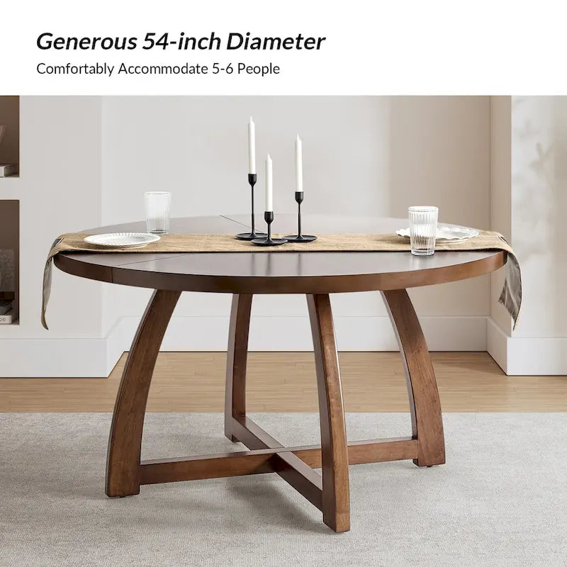 Table à manger ronde 54" style Mid-Century Modern — Plateau en placage de bois et piètement en bois d'hévéa à entretoise en croix