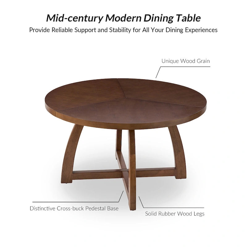 Table à manger ronde 54" style Mid-Century Modern — Plateau en placage de bois et piètement en bois d'hévéa à entretoise en croix