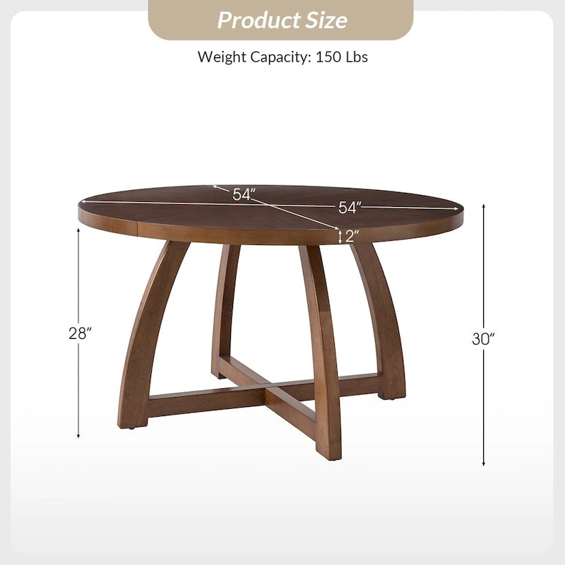 Table à manger ronde 54" style Mid-Century Modern — Plateau en placage de bois et piètement en bois d'hévéa à entretoise en croix