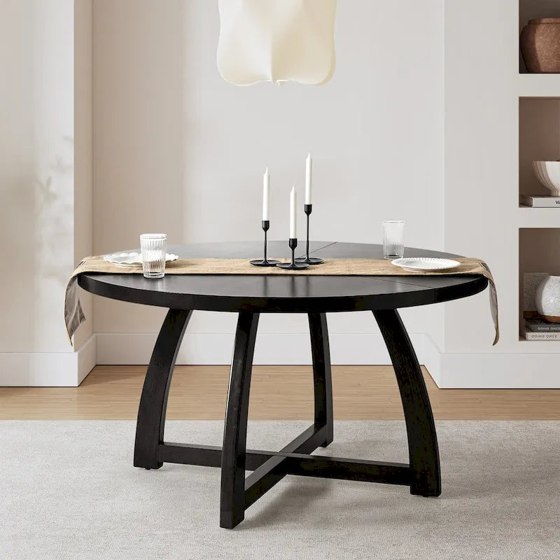 Table à manger ronde 54" style Mid-Century Modern — Plateau en placage de bois et piètement en bois d'hévéa à entretoise en croix