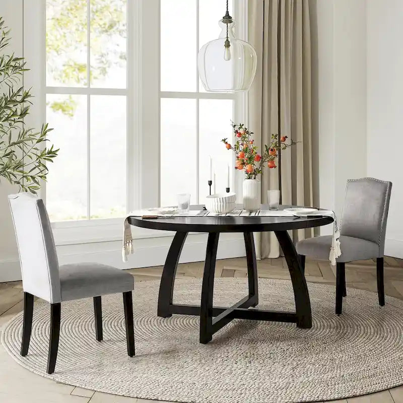 Table à manger ronde 54" style Mid-Century Modern — Plateau en placage de bois et piètement en bois d'hévéa à entretoise en croix