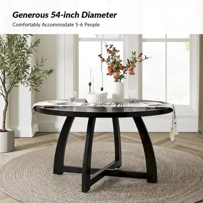 Table à manger ronde 54" style Mid-Century Modern — Plateau en placage de bois et piètement en bois d'hévéa à entretoise en croix