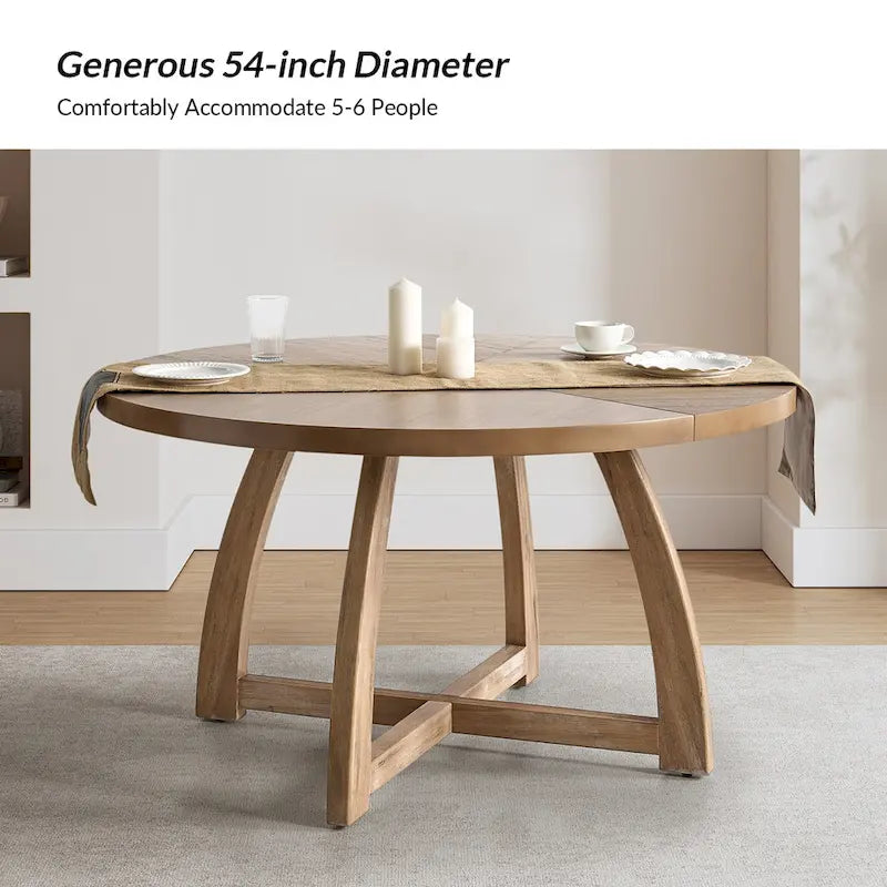 Table à manger ronde 54" style Mid-Century Modern — Plateau en placage de bois et piètement en bois d'hévéa à entretoise en croix