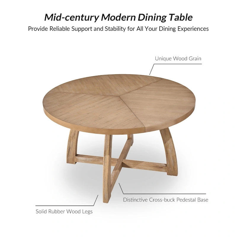 Table à manger ronde 54" style Mid-Century Modern — Plateau en placage de bois et piètement en bois d'hévéa à entretoise en croix