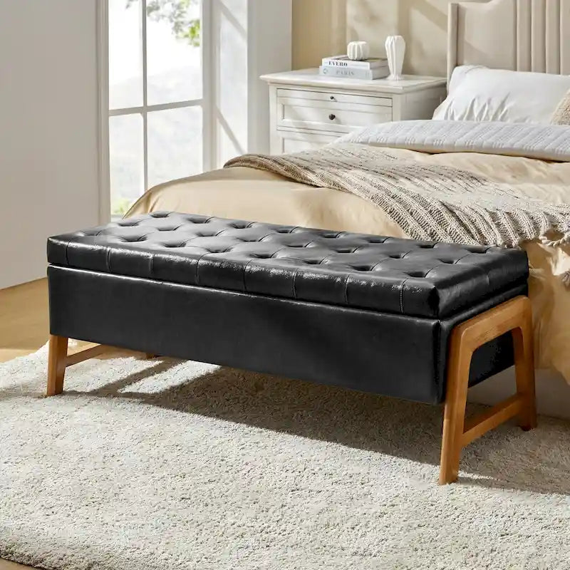 Banc de rangement capitonné Mid-Century Modern avec assise touffetée et pieds en bois massif
