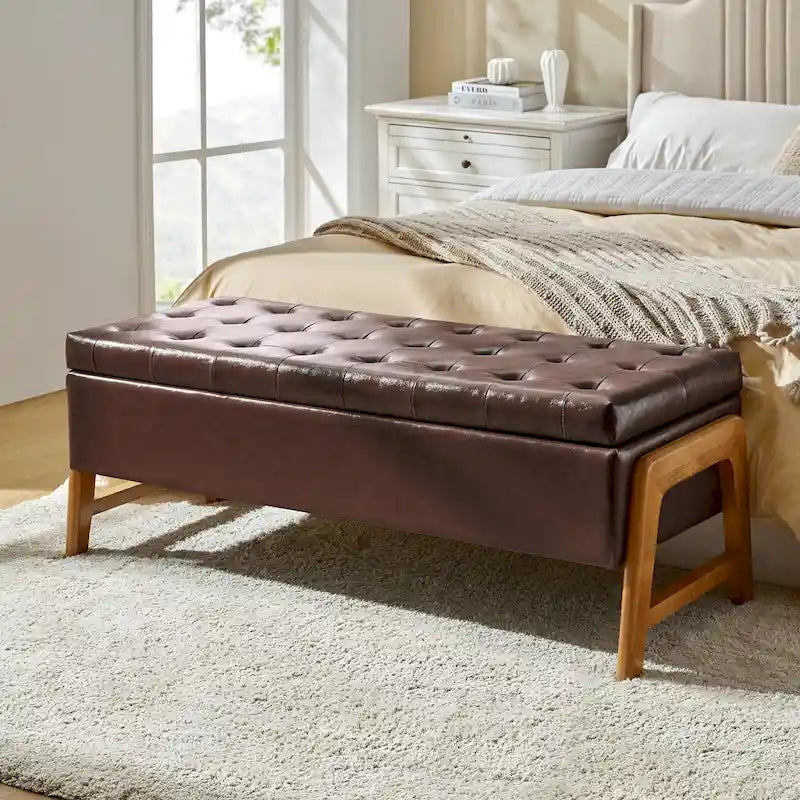 Banc de rangement capitonné Mid-Century Modern avec assise touffetée et pieds en bois massif