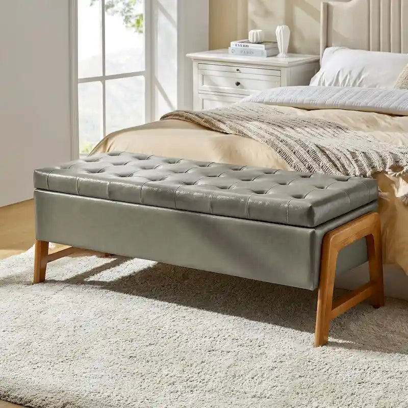 Banc de rangement capitonné Mid-Century Modern avec assise touffetée et pieds en bois massif
