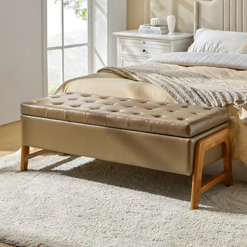Banc de rangement capitonné Mid-Century Modern avec assise touffetée et pieds en bois massif