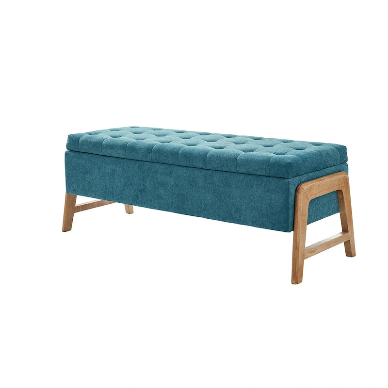 Banc de rangement capitonné Mid-Century Modern avec assise touffetée et pieds en bois massif
