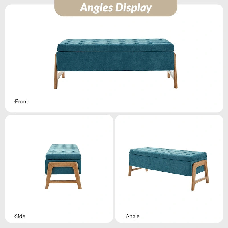 Banc de rangement capitonné Mid-Century Modern avec assise touffetée et pieds en bois massif