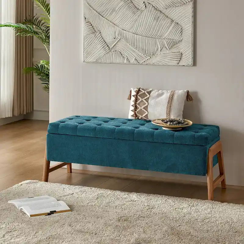 Banc de rangement capitonné Mid-Century Modern avec assise touffetée et pieds en bois massif