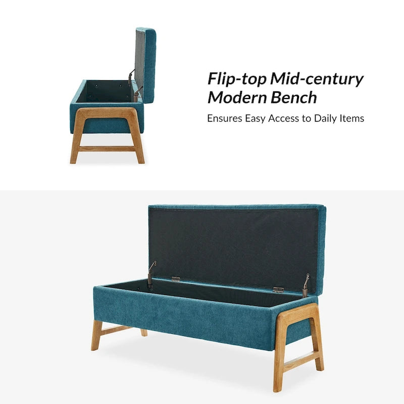 Banc de rangement capitonné Mid-Century Modern avec assise touffetée et pieds en bois massif