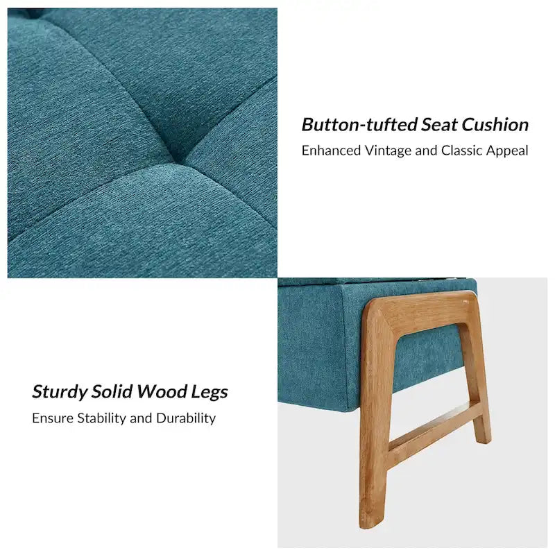 Banc de rangement capitonné Mid-Century Modern avec assise touffetée et pieds en bois massif