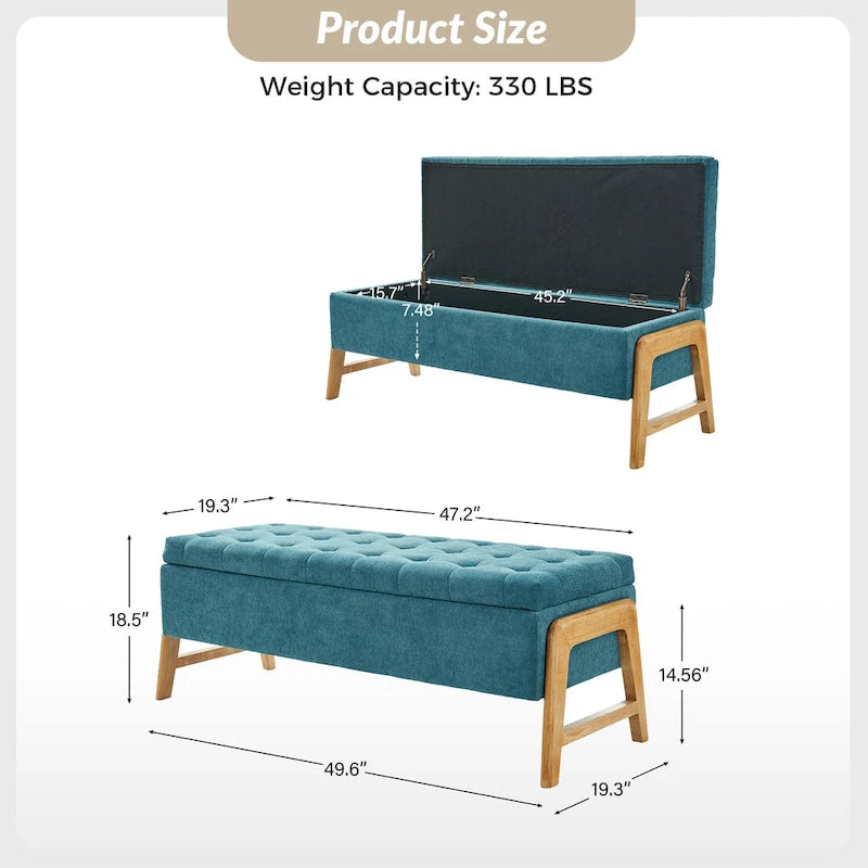 Banc de rangement capitonné Mid-Century Modern avec assise touffetée et pieds en bois massif