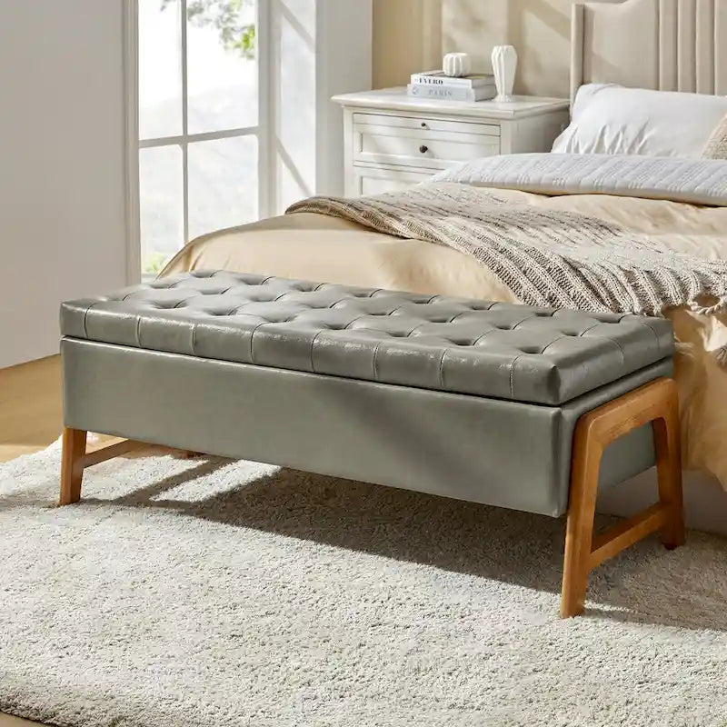 Banc de rangement capitonné Mid-Century Modern avec assise touffetée et pieds en bois massif