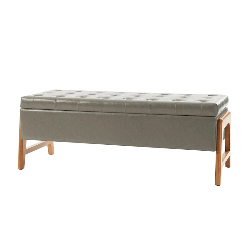 Banc de rangement capitonné Mid-Century Modern avec assise touffetée et pieds en bois massif