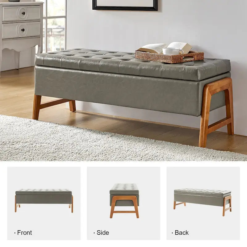Banc de rangement capitonné Mid-Century Modern avec assise touffetée et pieds en bois massif