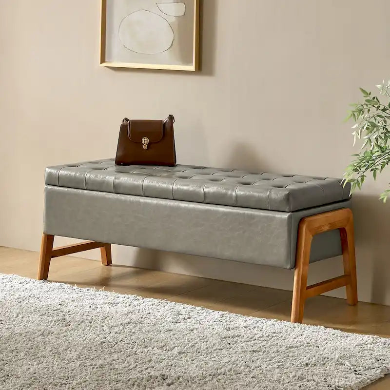 Banc de rangement capitonné Mid-Century Modern avec assise touffetée et pieds en bois massif