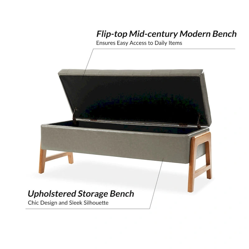 Banc de rangement capitonné Mid-Century Modern avec assise touffetée et pieds en bois massif