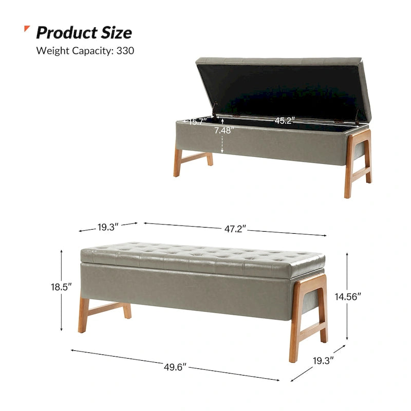 Banc de rangement capitonné Mid-Century Modern avec assise touffetée et pieds en bois massif