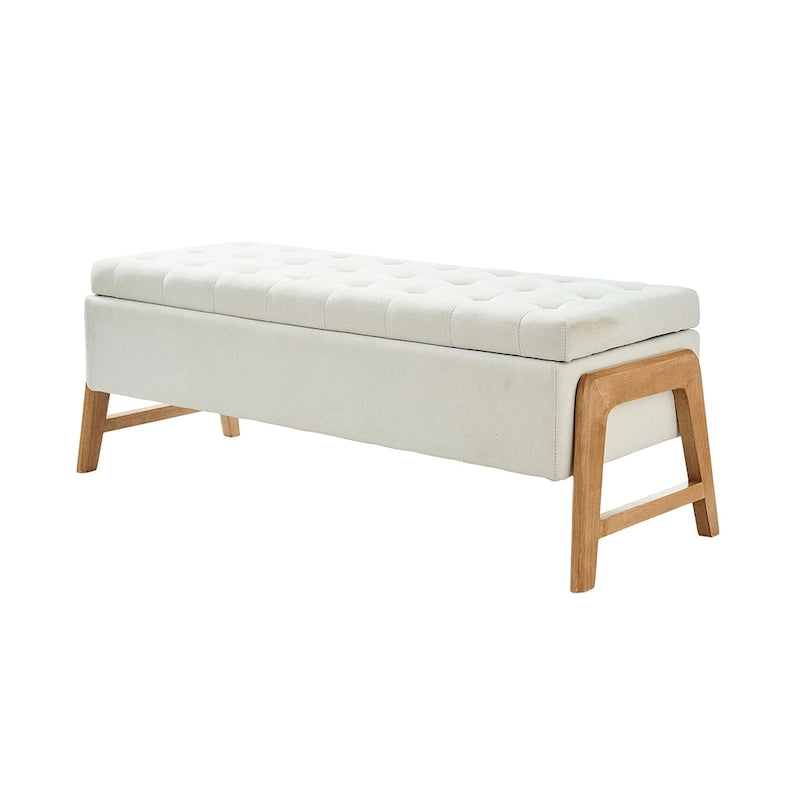 Banc de rangement capitonné Mid-Century Modern avec assise touffetée et pieds en bois massif