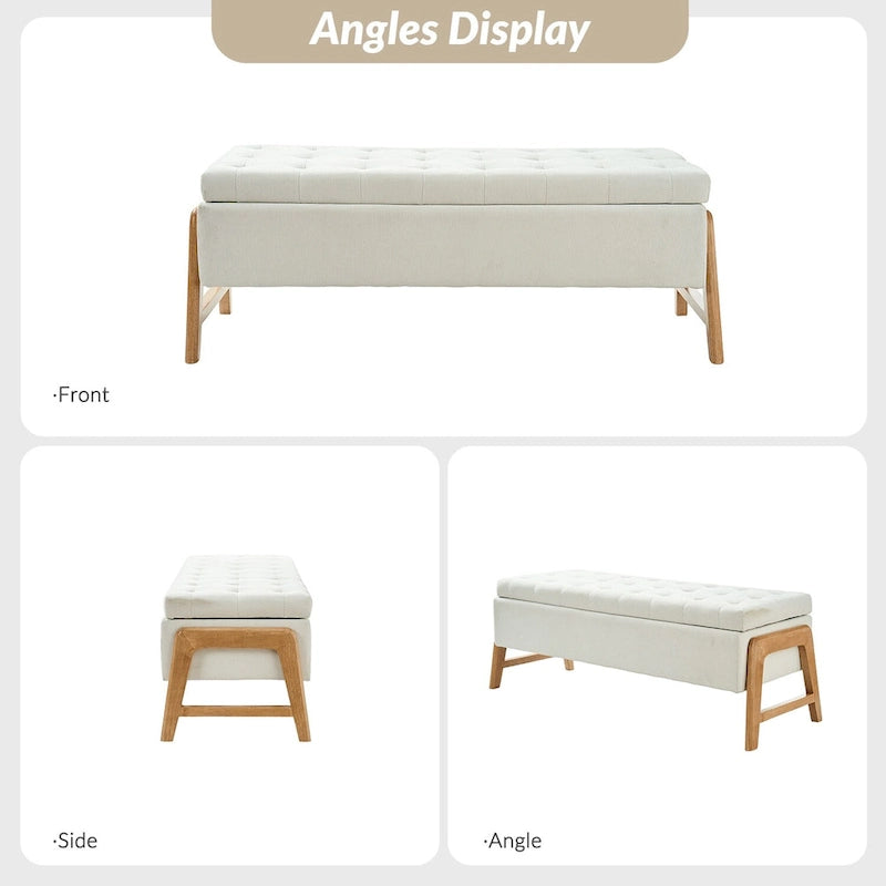 Banc de rangement capitonné Mid-Century Modern avec assise touffetée et pieds en bois massif