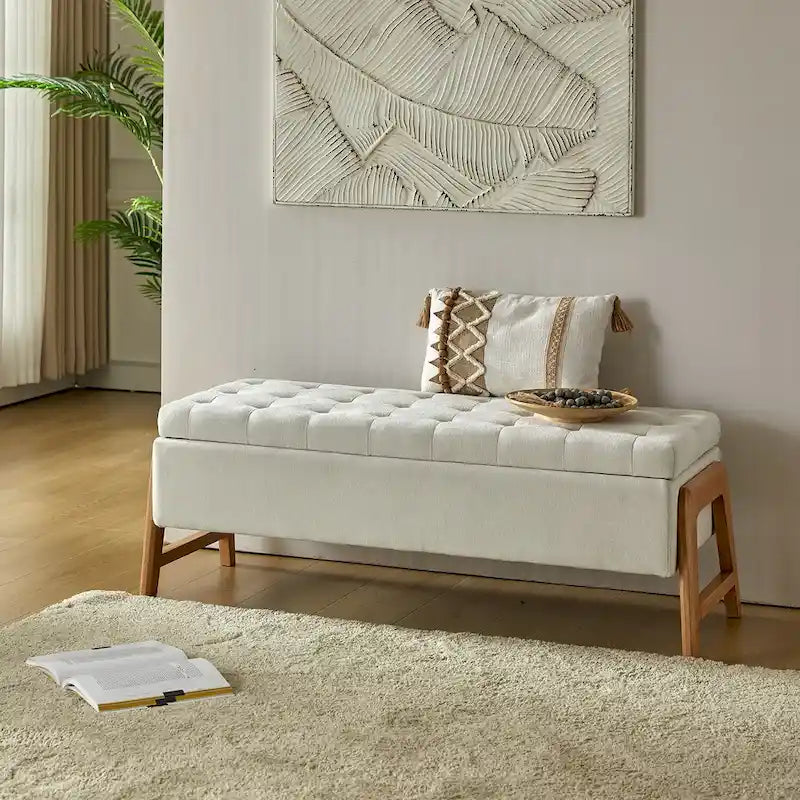 Banc de rangement capitonné Mid-Century Modern avec assise touffetée et pieds en bois massif