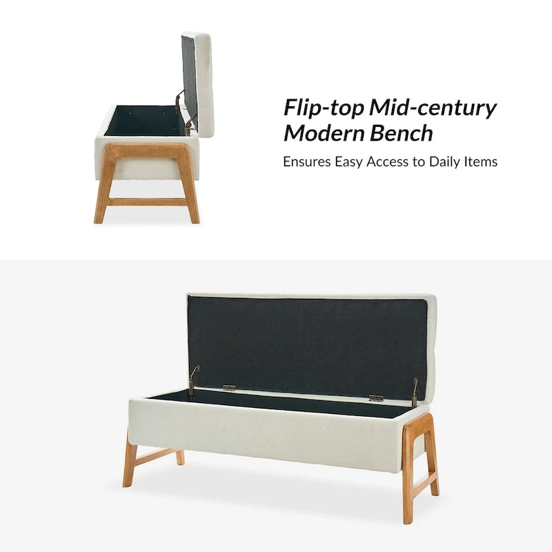 Banc de rangement capitonné Mid-Century Modern avec assise touffetée et pieds en bois massif
