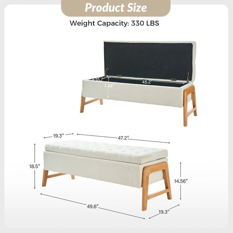 Banc de rangement capitonné Mid-Century Modern avec assise touffetée et pieds en bois massif