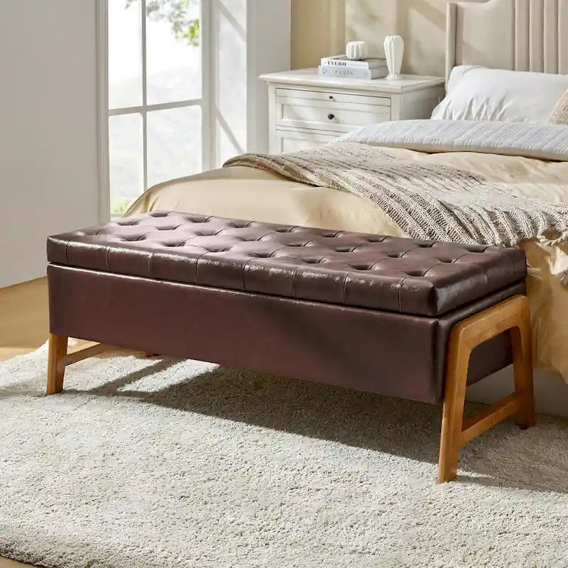 Banc de rangement capitonné Mid-Century Modern avec assise touffetée et pieds en bois massif