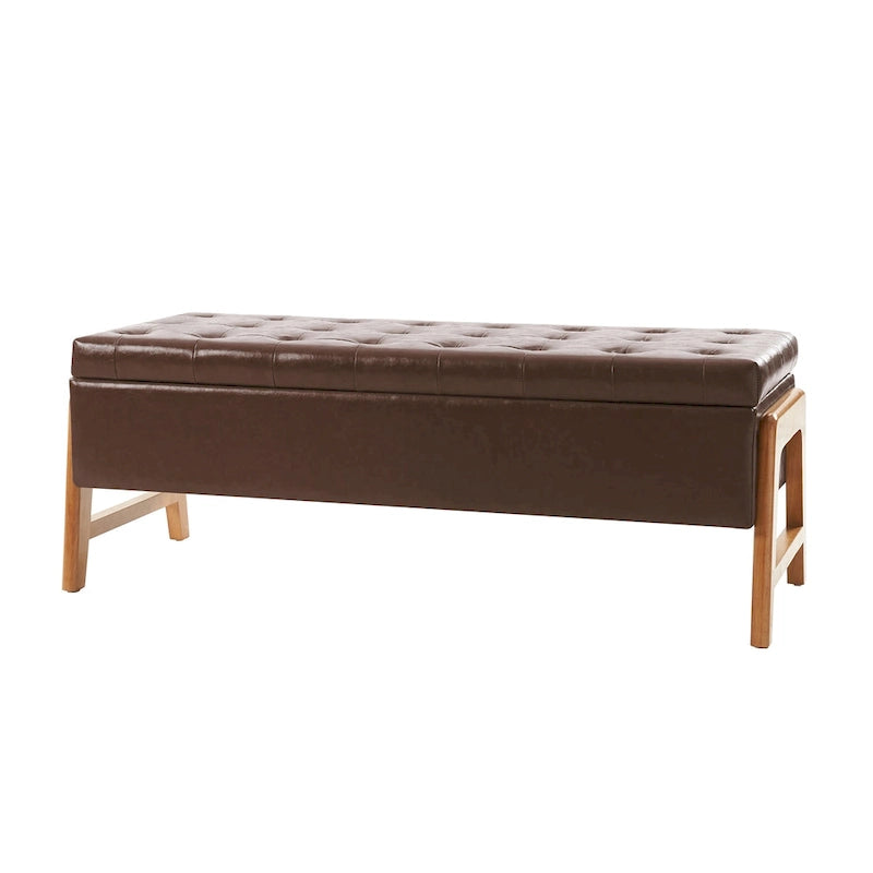 Banc de rangement capitonné Mid-Century Modern avec assise touffetée et pieds en bois massif