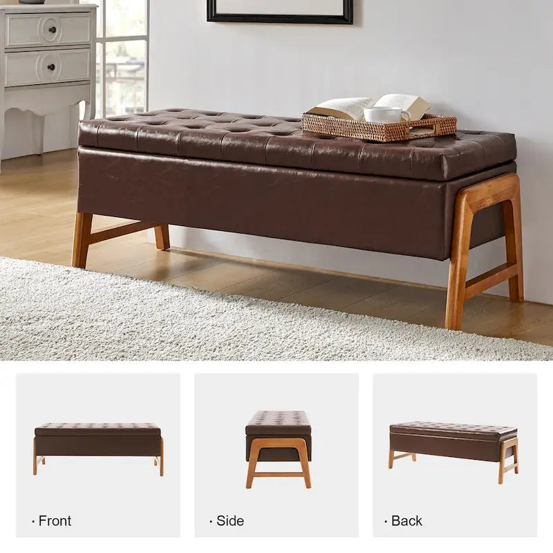 Banc de rangement capitonné Mid-Century Modern avec assise touffetée et pieds en bois massif
