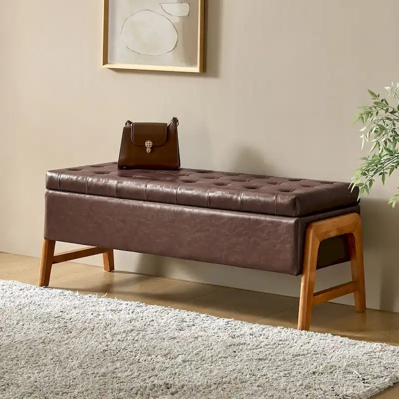 Banc de rangement capitonné Mid-Century Modern avec assise touffetée et pieds en bois massif