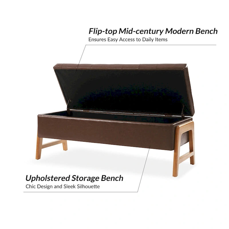 Banc de rangement capitonné Mid-Century Modern avec assise touffetée et pieds en bois massif