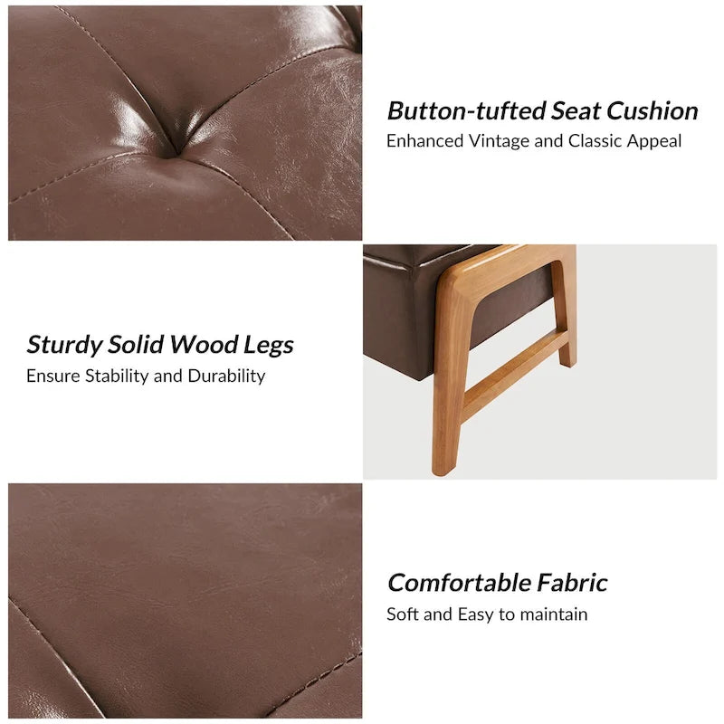 Banc de rangement capitonné Mid-Century Modern avec assise touffetée et pieds en bois massif