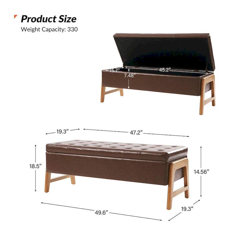 Banc de rangement capitonné Mid-Century Modern avec assise touffetée et pieds en bois massif