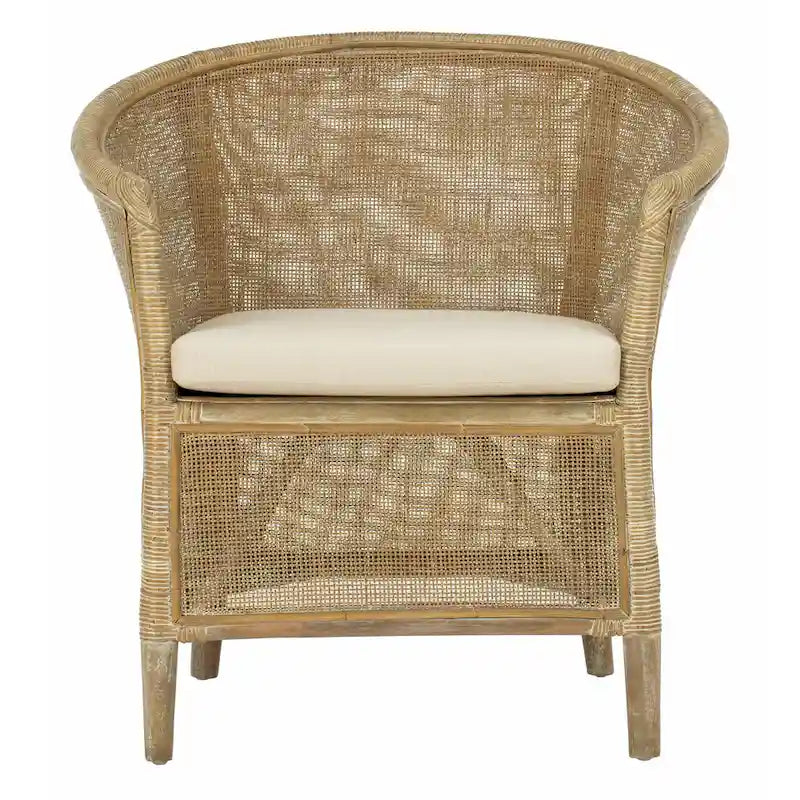 Fauteuil en rotin avec coussin — Finition blanchie, design incurvé et assise en lin