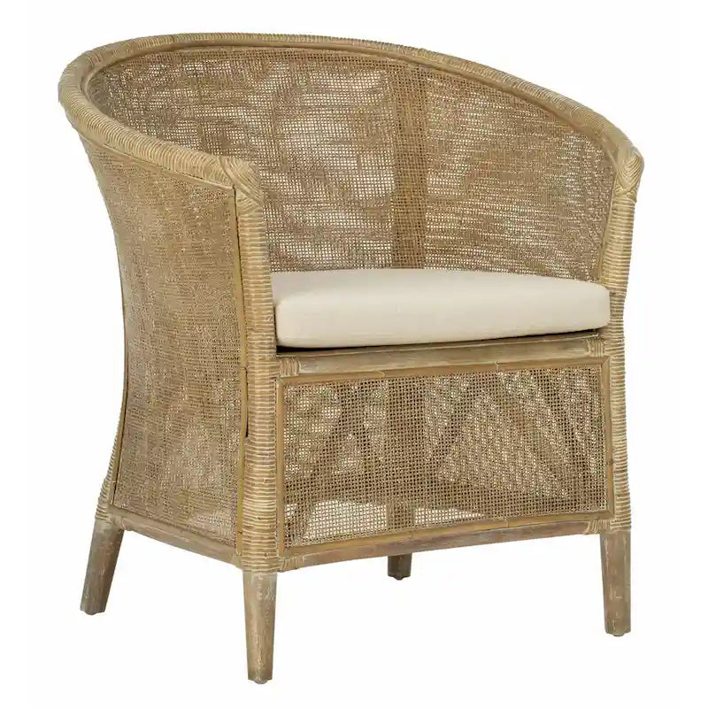 Fauteuil en rotin avec coussin — Finition blanchie, design incurvé et assise en lin