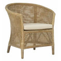 Fauteuil en rotin avec coussin — Finition blanchie, design incurvé et assise en lin