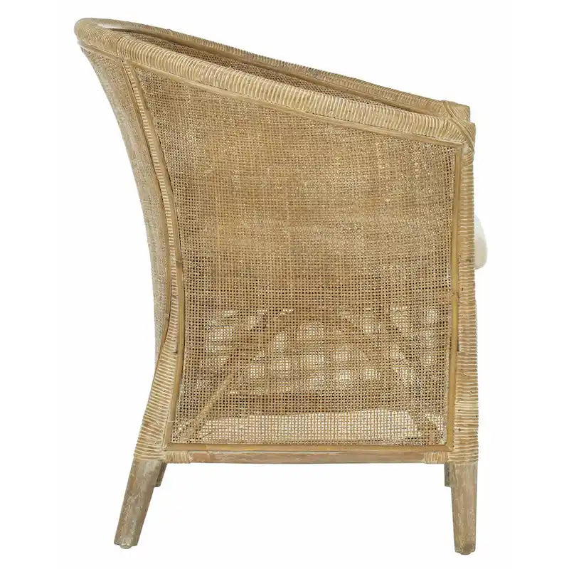 Fauteuil en rotin avec coussin — Finition blanchie, design incurvé et assise en lin