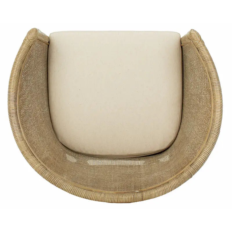 Fauteuil en rotin avec coussin — Finition blanchie, design incurvé et assise en lin