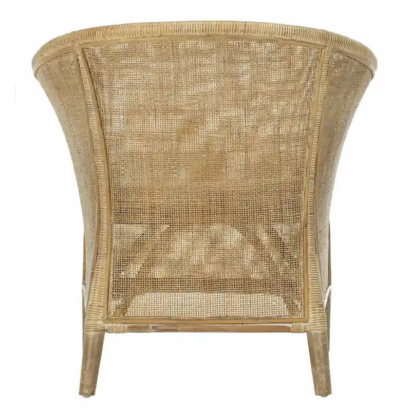 Fauteuil en rotin avec coussin — Finition blanchie, design incurvé et assise en lin