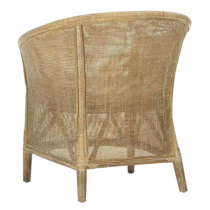 Fauteuil en rotin avec coussin — Finition blanchie, design incurvé et assise en lin